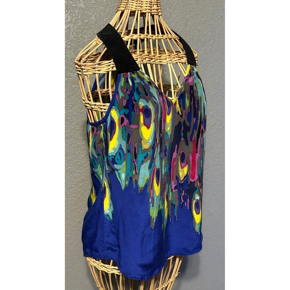 Trina Turk Silk Halter Top Blue Peacock Print V-Neck Women S Whimsigoth - Picture 12 of 15